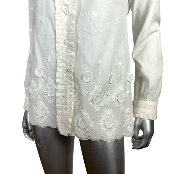 Bell Fine Garments White Embroidered Long Sleeve Button-Up Blouse With Scalloped - Picture 6 of 7